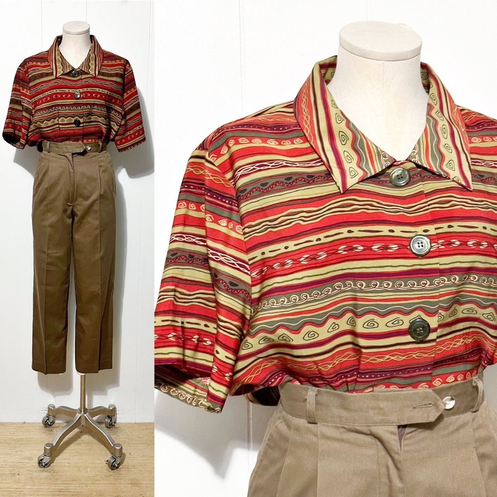 Short Sleeve Collared Button Front Top Ft. Stripes &Geometric Patterns | Vintage